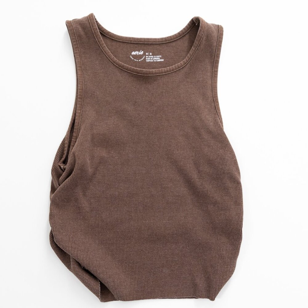Aerie Side Ruched Brown Cropped Tank Top | Size Medium